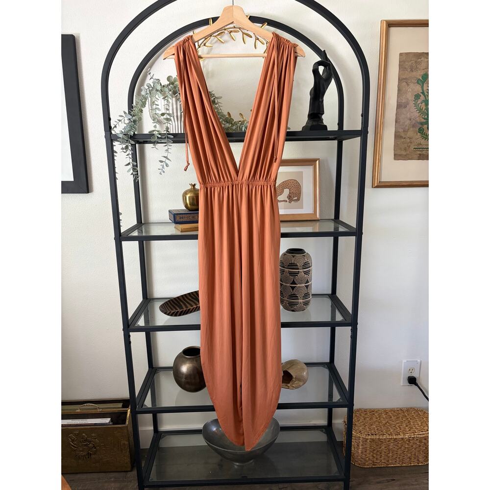 Free People Womens Small Terracotta Harem Jumpsuit Deep V Neck Oversized Boho